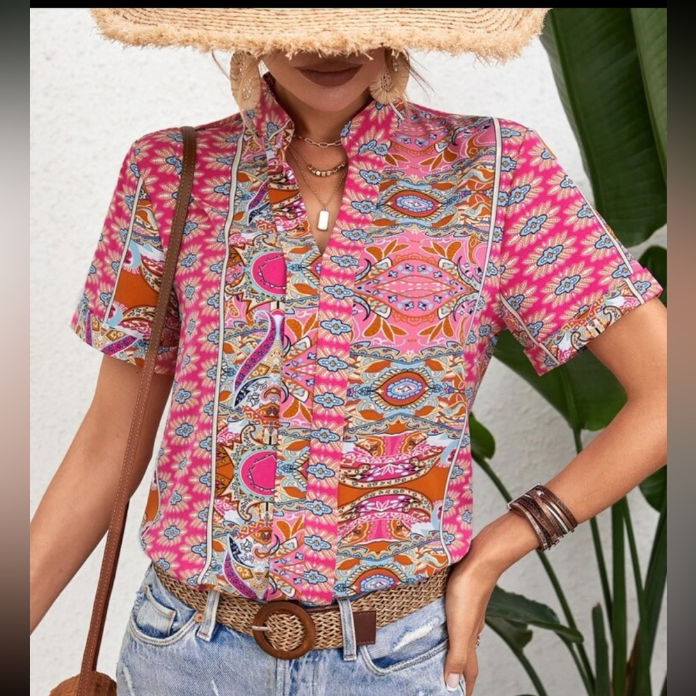 Boho Floral Paisley Print Top Blouse Shirt Green - Picture 16 of 16